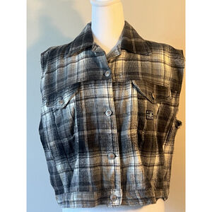 Vintage E.N.U.F. Blue Denim Plaid Flannel Vest Sleeveless Shirt Grunge Y2K